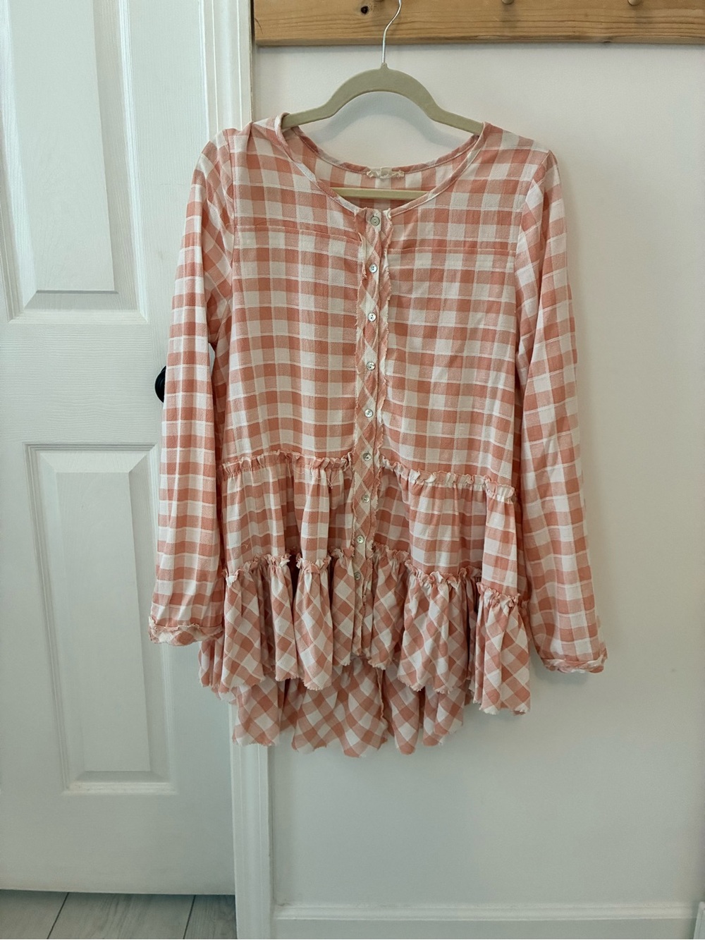 Raw Edge Pink Gingham Button-Front Blouse